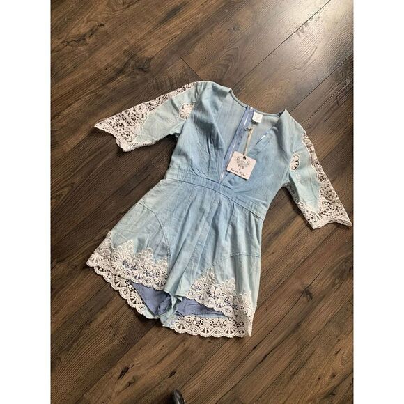 New Super Sexy Blue Faux Denim Lace Romper - Picture 3 of 4